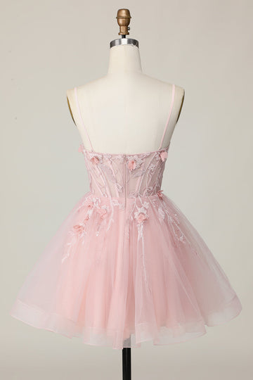 Pink Corset A Line Short Appliqued Cocktail Dress with Beading